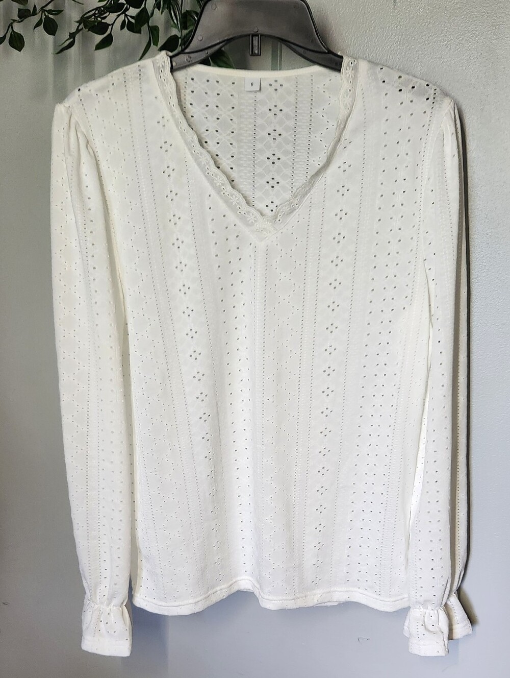Eyelet V-Neck Long Sleeve Top New